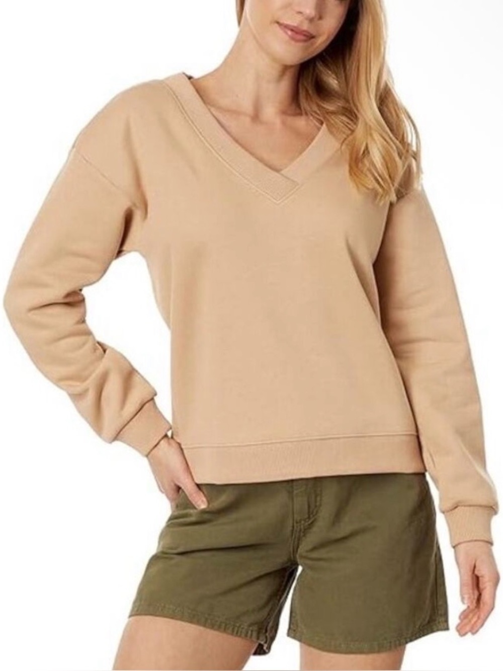 NWOT Pact Courtside V-Neck Sweatshirt Size Large Tan Organic Cotton